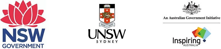 NSW Gov logo, UNSW Sydney logo, Inspiring Australia logo
