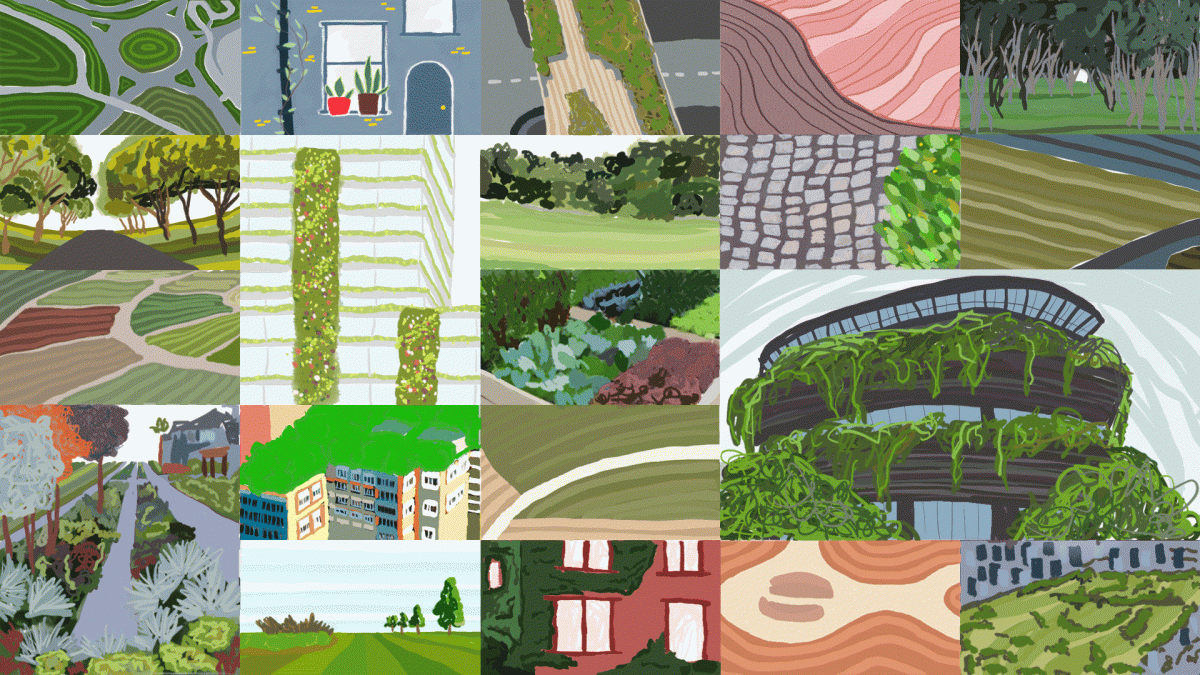 Illustration of various urban and natural environments intersecting.